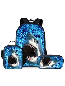 Shark pattern printed 17-inch backpack three-piece set (single-layer backpack + shoulder strap lunch bag + single-layer pencil bag)