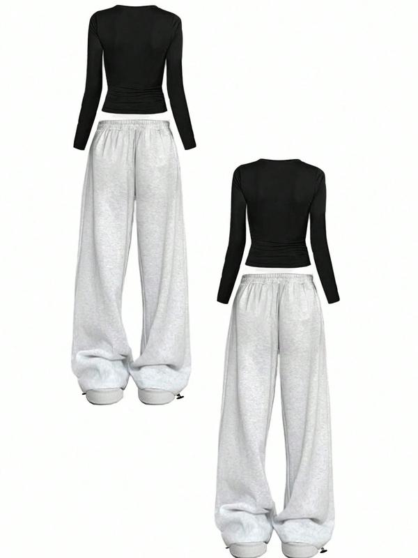 Women's Slim-Fit Long Sleeve Tee & Sweatpants Set, Comfortable Casual Wear for Spring & Fall, Daily Essentials