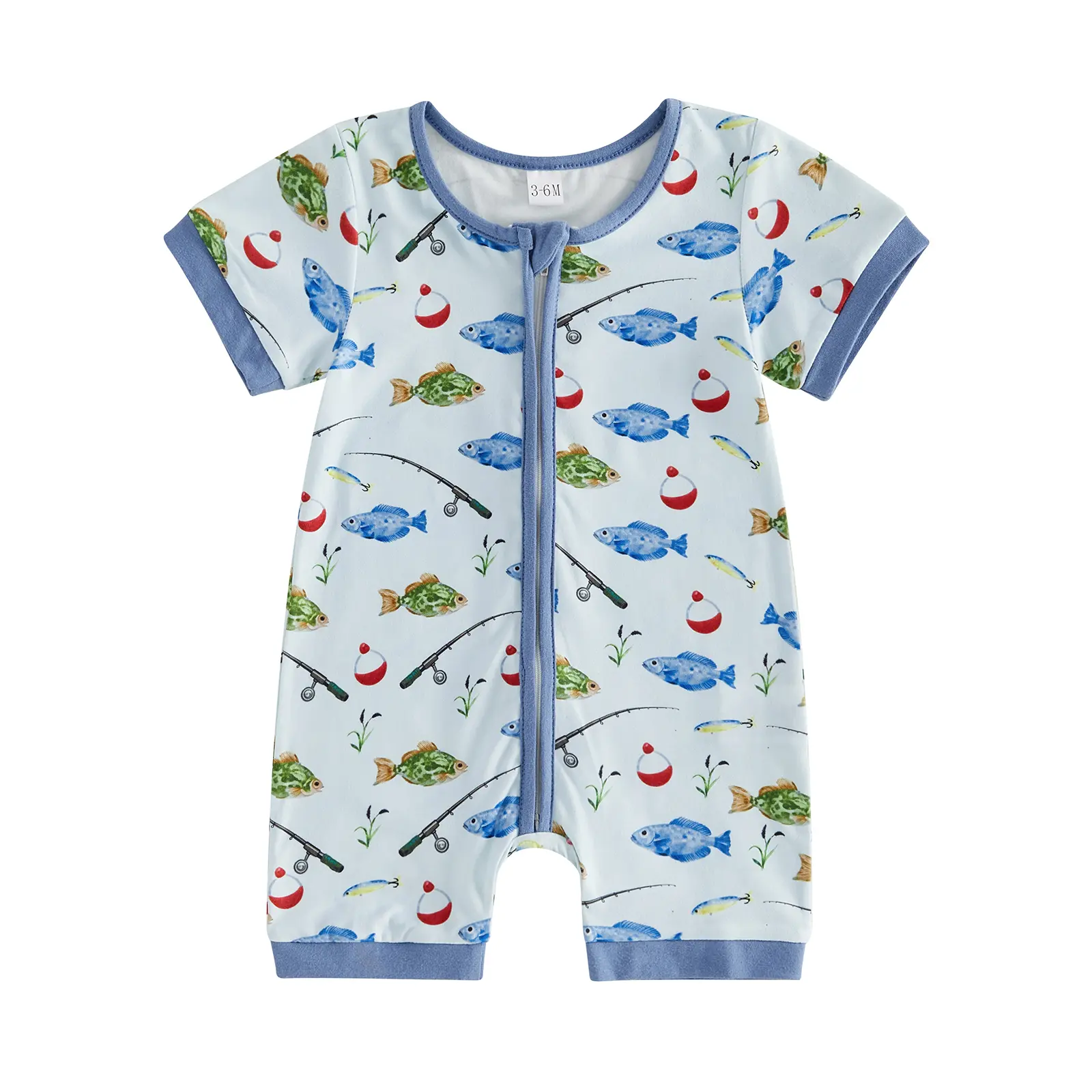 Infant Baby Boy Summer Romper Fish Rod Printed Short Sleeve Round Neck Zip Up Jumpsuit 0-18 Months