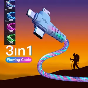 20W LED Flowing Light Up Data Sync Cable, 100cm 3 in 1 Multifunctional Charging Cable, Micro/Type-C/8-Pin Charging Cable For Most Smart Phone