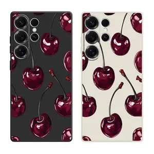 Sexy Wine Cherry Pattern Phone Cases For Samsung Galaxy S26 Ultra S25 Edge S24 Plus S23 FE S22 S21 Shockproof TPU Soft Liquid Silicone Cellphone Casing Cover With Lanyard Button