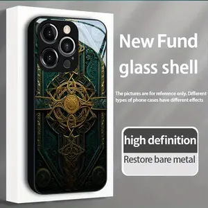 Phone Case: Celtic Pattern Tempered Glass Business Design with Blue Background and Golden Accents for iphone17 17Air 16 Pro 15 Promax 14 Plus 13 12 11