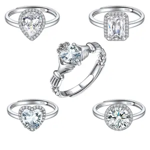 ChicSilver【S925 Halo Ring】Sterling Silver Solitaire Engagement Adjustable Ring Clothing Decor Wedding Band Ring Heart/Pear/Teardrop/Step/Round Cut Cubic Zirconia Dainty Daily Minimalist Simple Casual Sparkling Ring Birthday Gift Summer Jewelry for Women