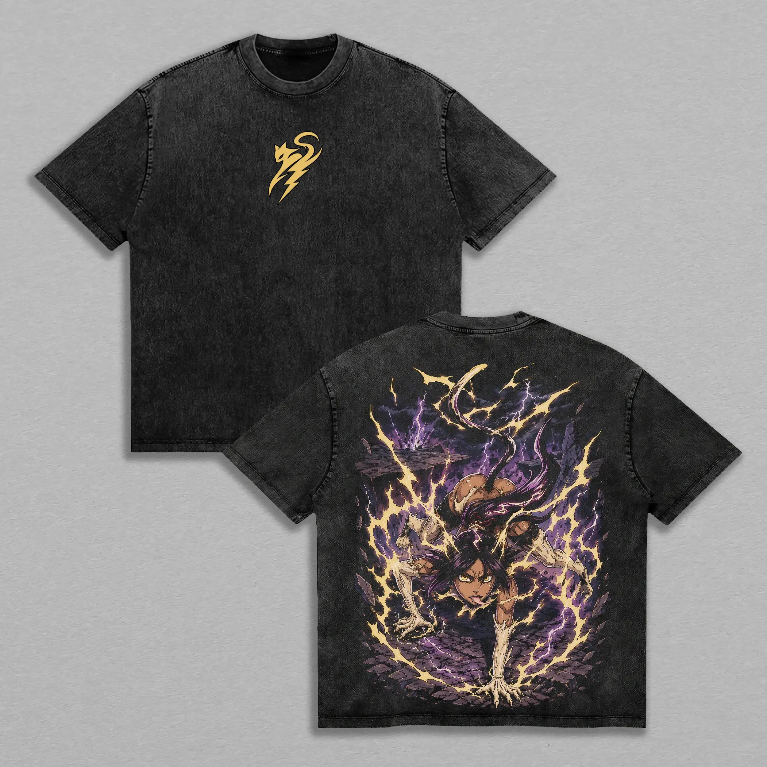Yoruichi Shihouin Bleach Thunder Goddess Vintage Washed Anime Shirt, Shunko Lightning Form Flash Step Speed Fighter Graphic Tees Men Large Back Print Streetwear Cotton Menswear
