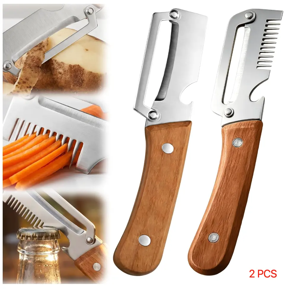 2 PCS Upgrade Vegetable Peeler With Wooden Handle, Stainless Steel Wide Blade Potato and Carrot Peeler, 3-in-1 Veggie Peeler With Scallion Shredder and Bottle Opener for Kitchen, Camping and Trave