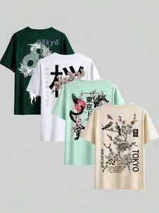 Men's Tokyo Dragon Print Round Neck Short Sleeve T-Shirt Set, Fitted Casual Streetwear Comfortable Summer Outdoor Wear, Soft Easy Care Fabric