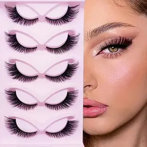 Fluffy Multi-layer False Eyelashes, 5 Pairs Wispy Cat Eye Look Faux Lashes, Natural Curling Eye Makeup Strip Lashes for Women and Girls, Summer Makeup Gift, Valentine's Day Gift for Women