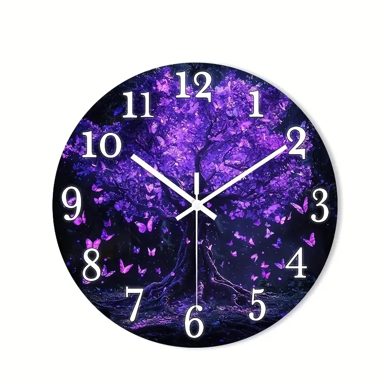 1 silent non-ticking acrylic round analog, featuring a fantasy purple tree and butterfly design, suitable for the entryway, living room, bedroom, dining room, and workspace - AA battery powered, wall clock for living room Wall Clocks For Living Room Decor