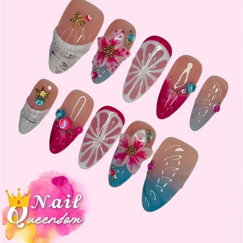 Nail Queendom [CORAL COCKTAIL] Handcrafted 3D Press-On Nails Reusables Long Lasting Salon Quality Easy Application 10 Pieces Set Eco-Friendly 3D-gel Finish