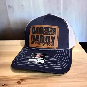 Dad in the Streets, Daddy in the sheets Trucker Hat, Dad Hat, Leather Patch Hat, Laser Engraved,- Adjustable Snapback