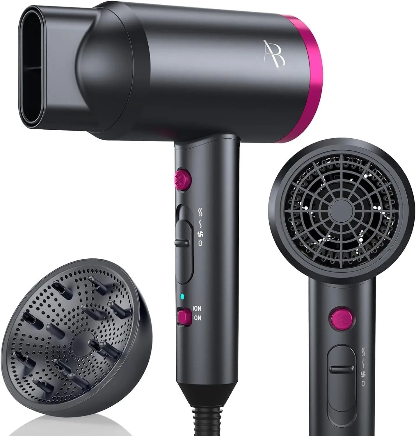 Ionic Hair Dryer with Diffuser,  1800W Blow Dryer for Women & Men, Fast-Drying Hair Dryer with Nozzle for Home, Salon, Travel