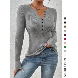 Women's Plain Button Front Ribbed Sweater Tops, 2025 Knitting Elegant Chic Slim Fit Long Sleeve Round Neck Jumper Tops for Spring, Fashion Ladies' Basic Knitwear for Daily Wear, Sweater for Women, Womenswear