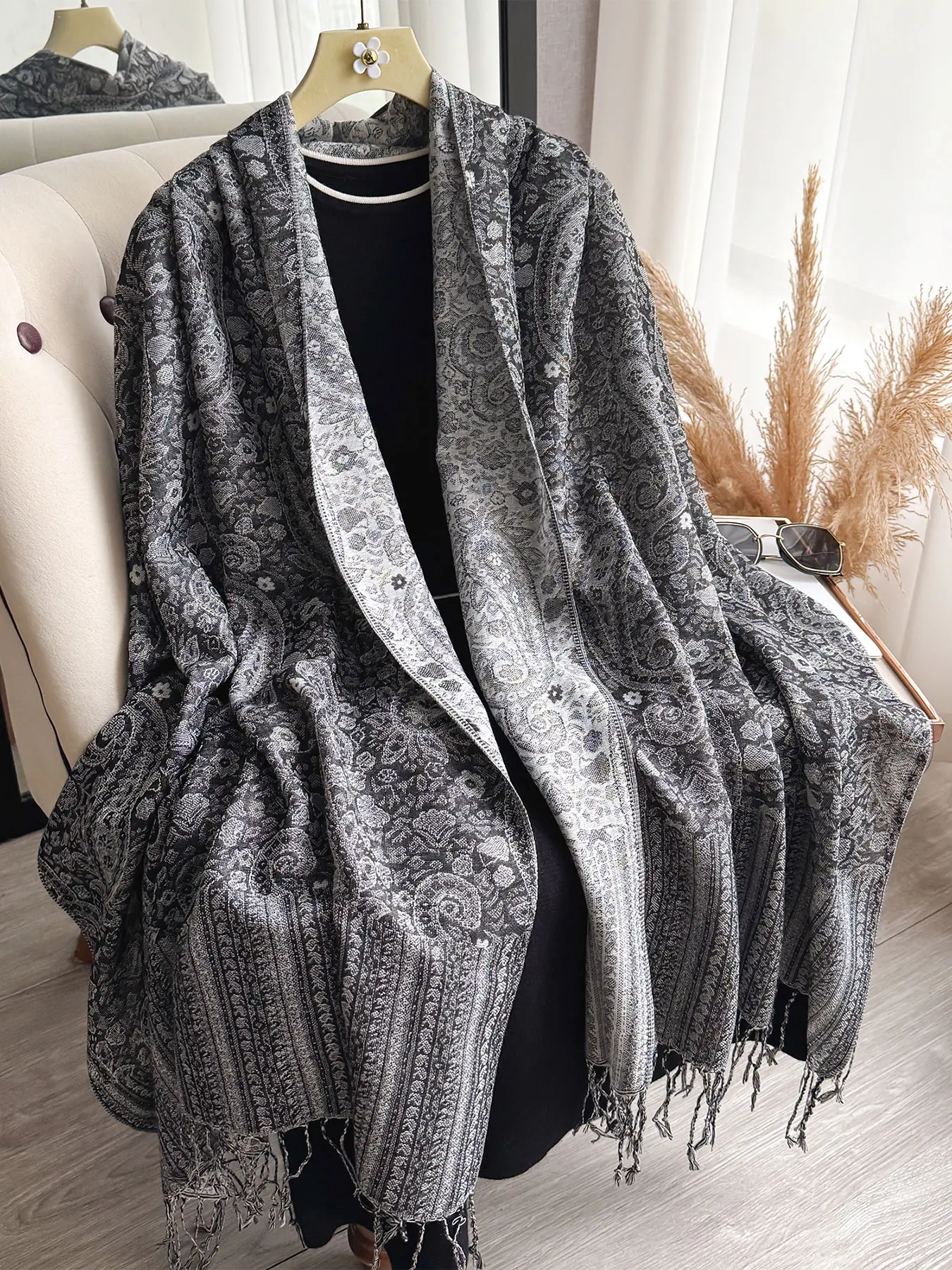 Women's Boho Style Paisley Print Scarf Shawl, Long Fringe Design, Fitted Woven Fabric, All Season Accessory for Ladies