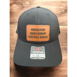 Hard While Working Richardson 112 Trucker Hat, Laser Engraved Leatherette Patch
