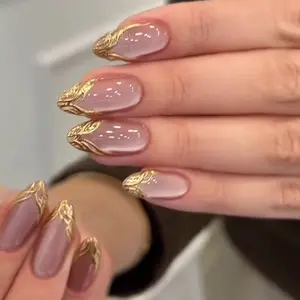 24pcs Almond Cat Eye Press-On Nails, Diy Nail Art, Y2K Gold Powder French Design, Full Coverage Acrylic False Nails, Almond Fake Nails for Women and Girls