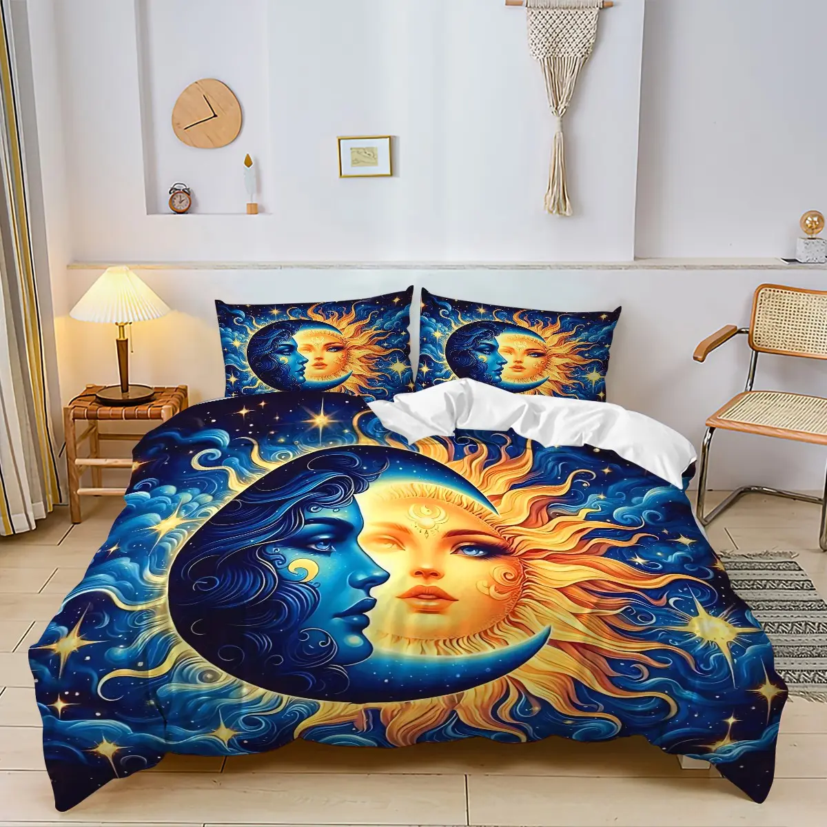 2/3 Sun Moon Totem Fantasy Themed Bedding Set, Pop Art Occult Elements. Ultra-Soft Microfiber Fabric, Creating Bohemian,Fantasy,Occult,Astrology,Tarot-Inspired Bedroom Decor, Unique Artwork, Duvet Cover Sets