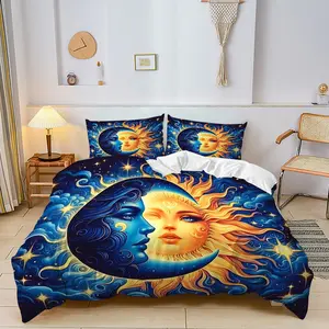 2/3 Sun Moon Totem Fantasy Themed Bedding Set, Pop Art Occult Elements. Ultra-Soft Microfiber Fabric, Creating Bohemian,Fantasy,Occult,Astrology,Tarot-Inspired Bedroom Decor, Unique Artwork