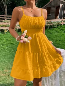 Women's Summer Fashion Sexy Waist Cinched Sleeveless Spaghetti Strap Halter Dress, Slim-Fitting Plain Color Backless Design, Womenswear Perfect for Holiday Style