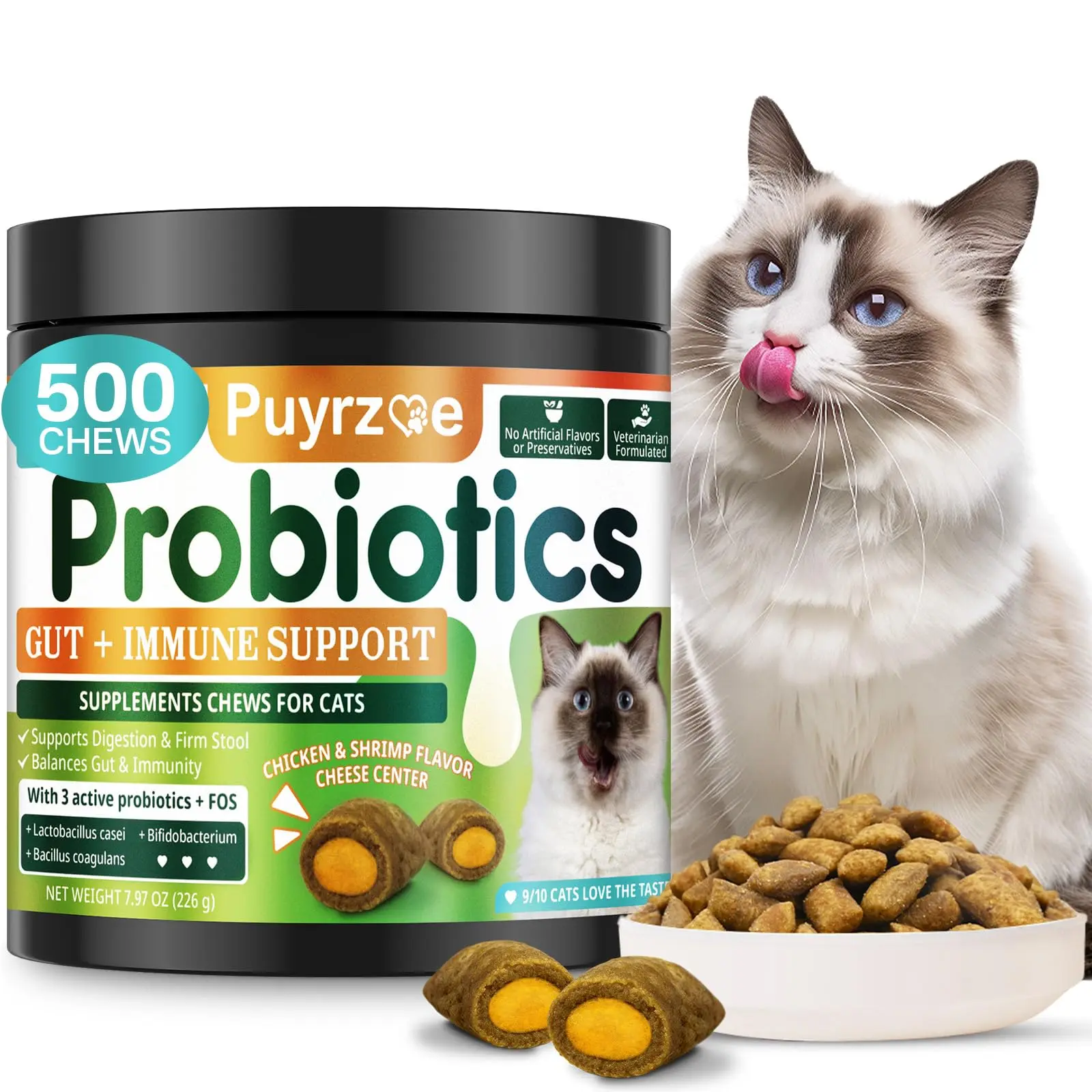 Puyrzoe Cat Probiotics with FOS Supplements - 500 Crunchy Chicken & Shrimp Flavored Chews for Cats & Kittens, Supports Digestive Health, Immune Function, Regularity