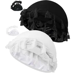 Silky Adjustable Head Wraps with Tassels - 2 Pack Satin Lined Turbans for Men & Women - Trendy Sleep Cap, Beanie & Durag Set for All-Day Comfort