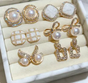 6 Pairs Gold Plated Pearl Crystal Earrings Set for Women, Light Luxury Bowknot & Geometric Zircon Stud Earrings, Hypoallergenic Elegant Daily Jewelry Gift outdoorfun