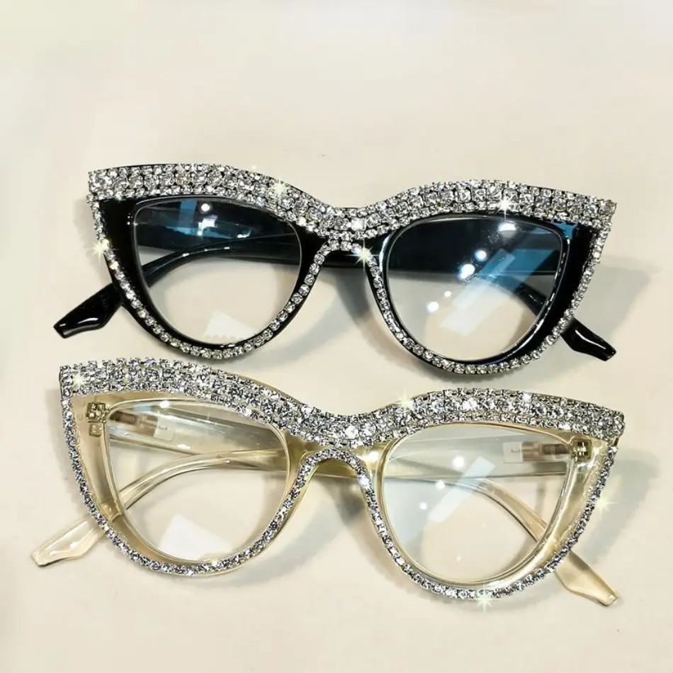 2026 New Women's 2-Pack Cat Eye Rhinestone Anti-Blue Light Full-Frame Eyewear, Sparkling Crystal Glasses with Black & Translucent PC Lenses for Daily Office Screen Use, Two-Pack