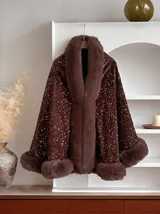 Women's Fashionable Sequins Long Cape Coat, Autumn Winter New Arrival, Thickened Fleece Lining, Versatile Design, Stylish Outerwear