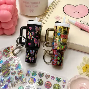 Cartoon Random 20pcs Holographic laser mini cup tumbler keychain sticker Key Rings Key Tags