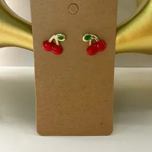 Cherry and Strawberry Stud Earrings - Red and Green Enamel Design on Gold-Tone Posts