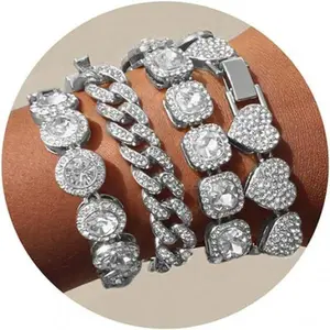 4 Sets of New Round Square Heart-shaped Hip-hop Cuban Chain Quadrilateral Prismatic Diamond Bracelet Trendy Jewelry Fashion Cool Accessories