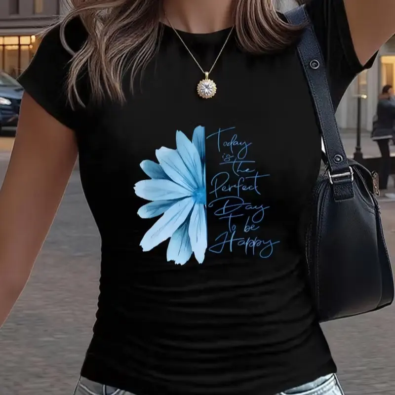 Today Is The Perfect Day To Be Happy Blue Daisy Graphic T-Shirt Inspirational Women Casual Short Sleeve Tee