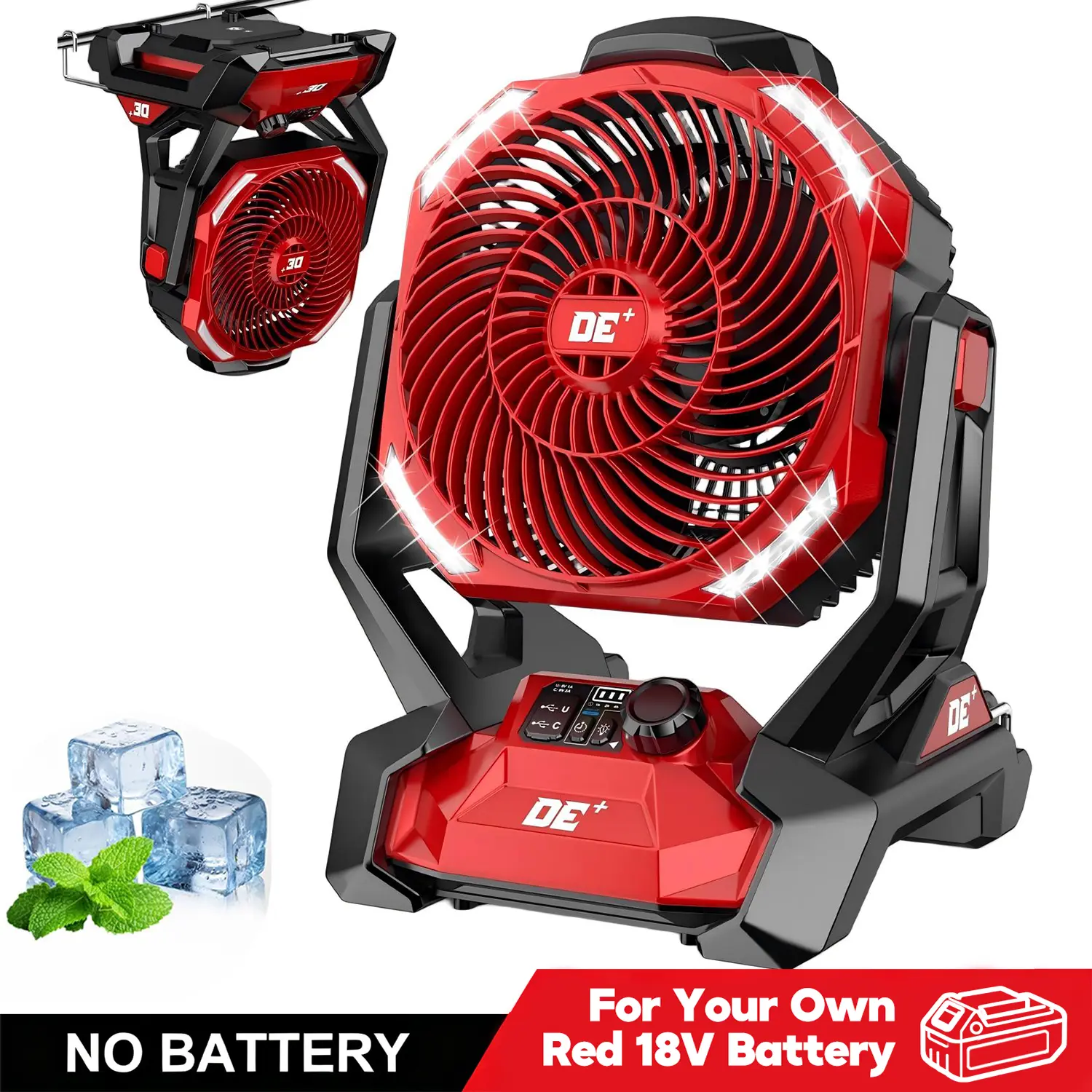 Outdoor Portable Cooling Electric Battery Powered Fan for Milwaukee M18 Battery, Variable Speed Oscillating Jobsite Fan with LED Light, Hanging Hook Design, Camping Fan for Tent Fishing RV, Tool Only
