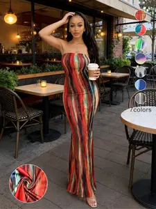 Spring Summer Women's Casual Boho Bohemian Multicolor Tie-Dye Print Off-Shoulder Sleeveless Wrap Dress, Stylish, Chic and Comfortable, Perfect for Daily Wear, Womenswear, Boho Fit Dress