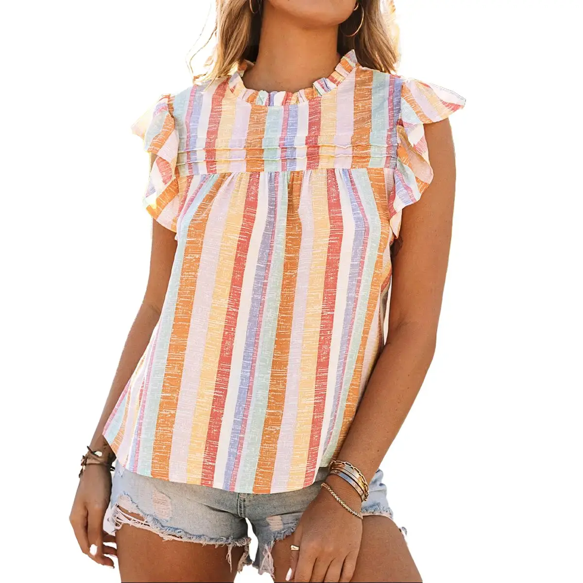 Shewin Women's Casual Striped Crew Neck Top with Short Ruffle Sleeves, Loose Fit Blouse in Breathable Soft Polyester