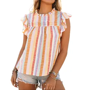 Shewin 2026 Spring/Summer Women's Casual Ruffle Sleeveless Striped Blouse Top Crewneck Tank Tops Plus Size Clothing Trendy Soft Polyester Tees - Gamis SpringStatements