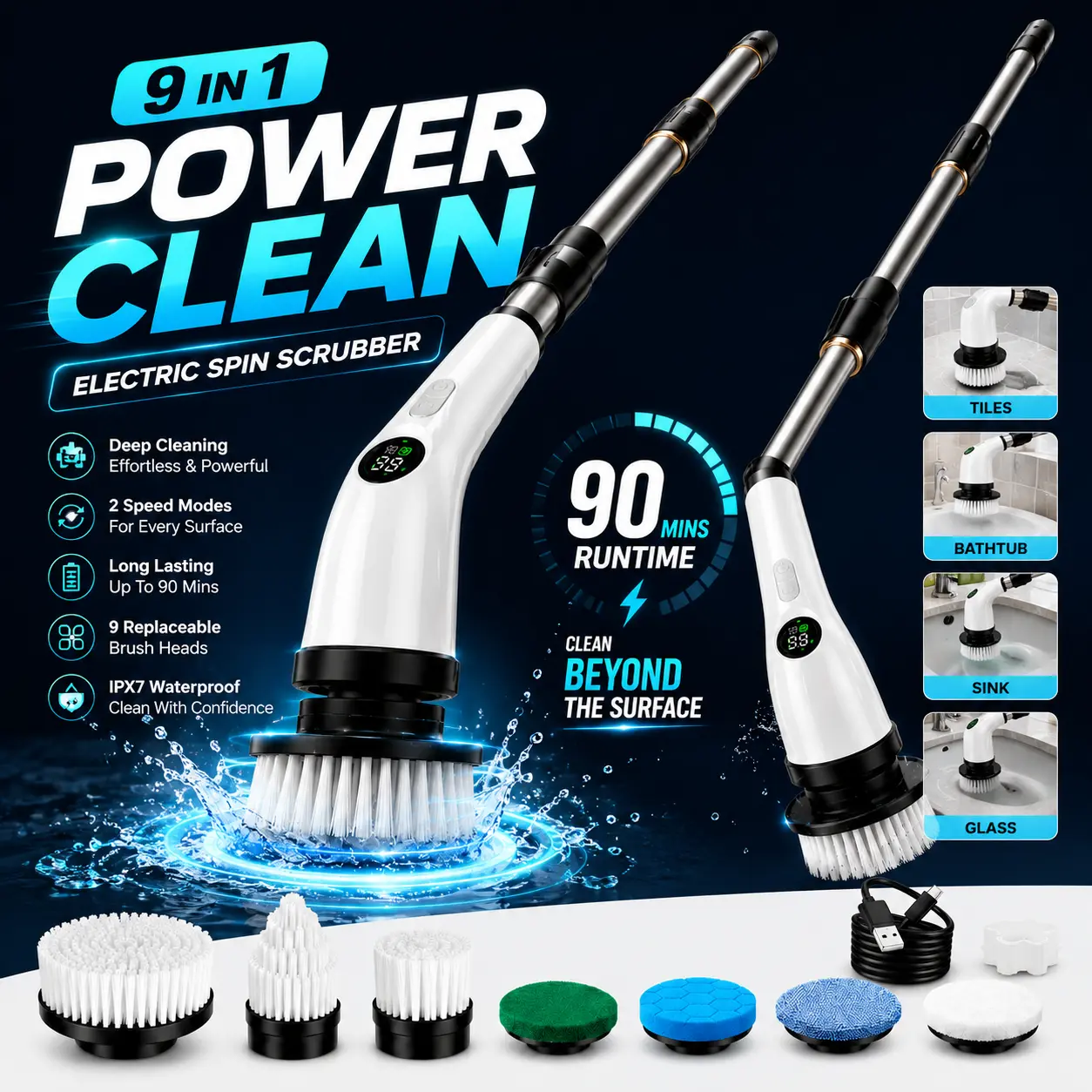 Cordless Electric Spin Scrubber, Household Power Cleaning Brush with 7 Replaceable Heads, Extendable Handle (11"-51"), IPX5 Waterproof for Tub & Tile Cleaning, 90-Min Runtime