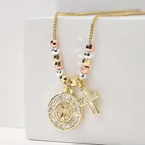 Tri-Tone Beaded Saint Benedict Cross Necklace for Women Crystal Religious Pendant Christian Protection Jewelry Faith Gift for Her Elegant Design