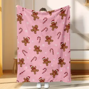 1 Vintage Flannel Blanket – Pink Gingerbread Christmas Design featuring Santa Hats and Candy Canes;Sleeping, and Outdoor Gatherings – A Unique Holiday Gift, Christmas Throw, with a Cozy Design and Soft Texture.