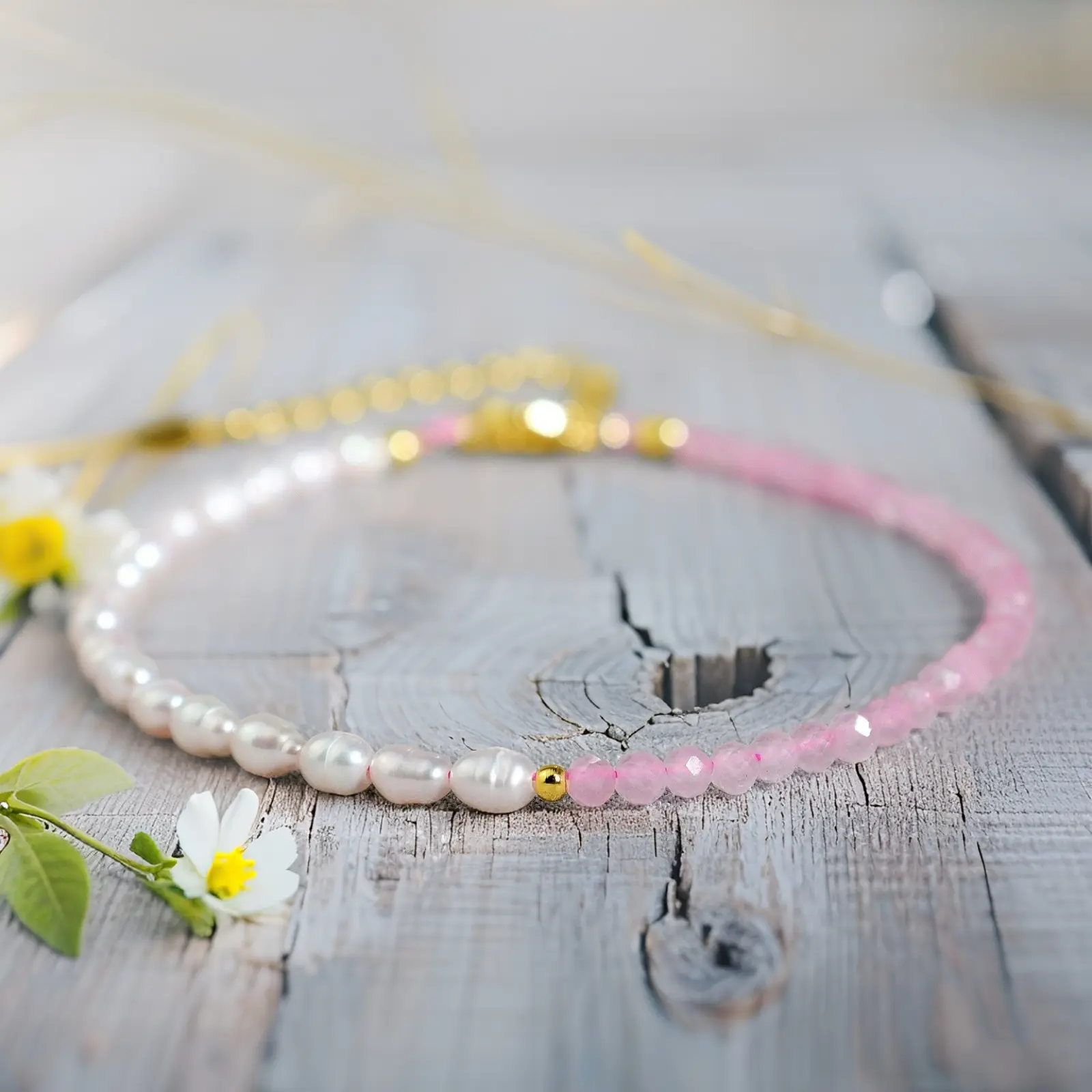 Women's Natural Rose Quartz & Pearl Beaded Bracelet, 3mm Tiny Beads, Crystal Healing Chakra Dainty Minimalist Chain Jewelry Gift