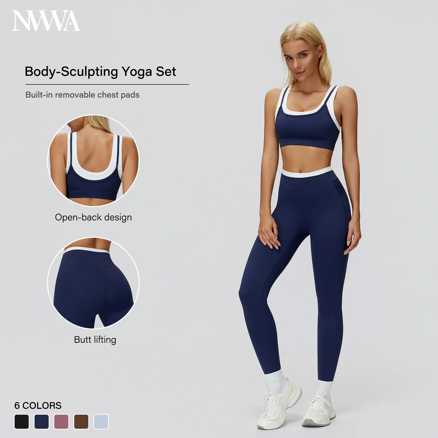 NVWA Women’s Two-Piece Sports Set: Color-Blocked U-Neck Sports Bra + Ribbed High-Waisted Leggings, skin-friendly and nude fit, tummy control and butt lifting, suitable for yoga, Pilates, and outdoor activities. outfits