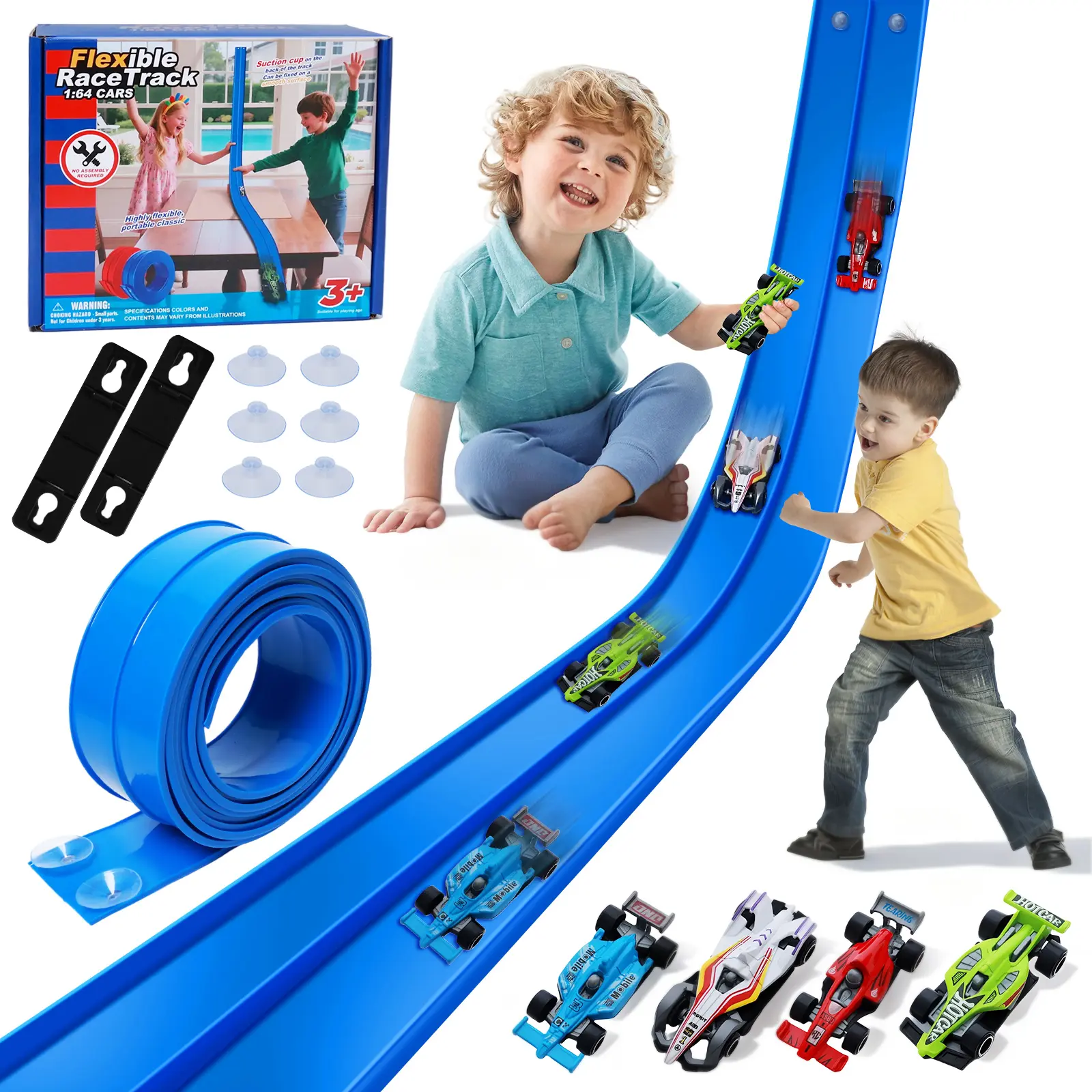 UDROLL TOYS Flexible Racing Track Set – 15ft Roll-Up Track with 4 Mini Speed Cars & Suction Mounts | Portable Indoor Ramp Racing Toy for Kids