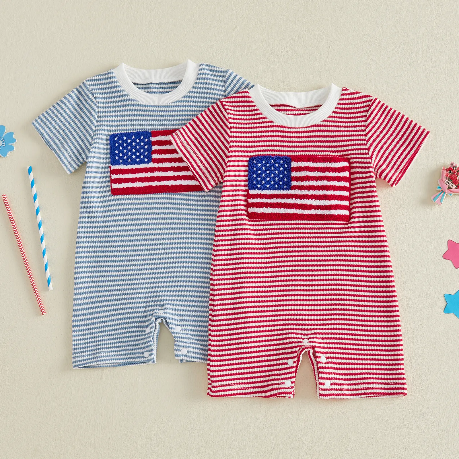 Newborn Baby Boy Bodysuit Outfit, 4th of July USA Flag Embroidery Short-Sleeve Striped Round-Neck Romper, Summer Independence Day Baby Clothing, Body Suit Outfit