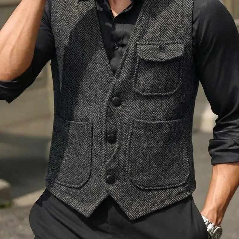 Men's Retro Tweed Vest Herringbone Wool-Blend  with Multi-Pockets: Elevate Casual & Outdoor Styles for Daily Errands & Weekend Adventures