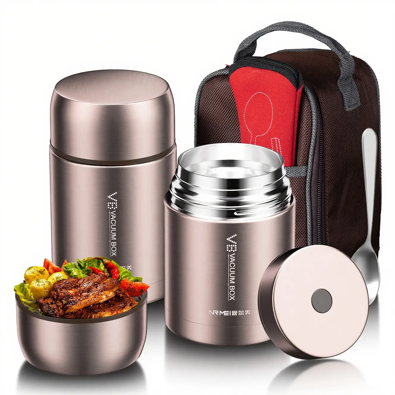 NRMEI 20/27oz Leakproof Wide-Mouth Stainless Steel Insulated Food Jar with Spoon & Fork, Thermal Lunch Boxes for Hot & Cold Items, Food Insulated Lunchbox & Thermal Box for Work, Travel