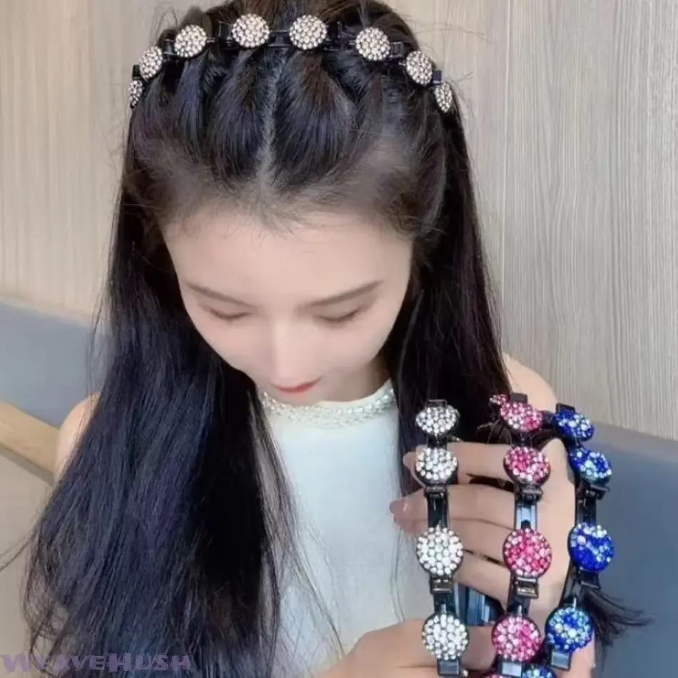 Women's 4-Pcs Rhinestone Bow Headbands - Sparkling Braided Female Hair Accessories, Broken Hair Fixing Hairpins, Versatile Bangs Holders in Blue+Purple+Transparent+Champagne for Daily Sports, Camping Use