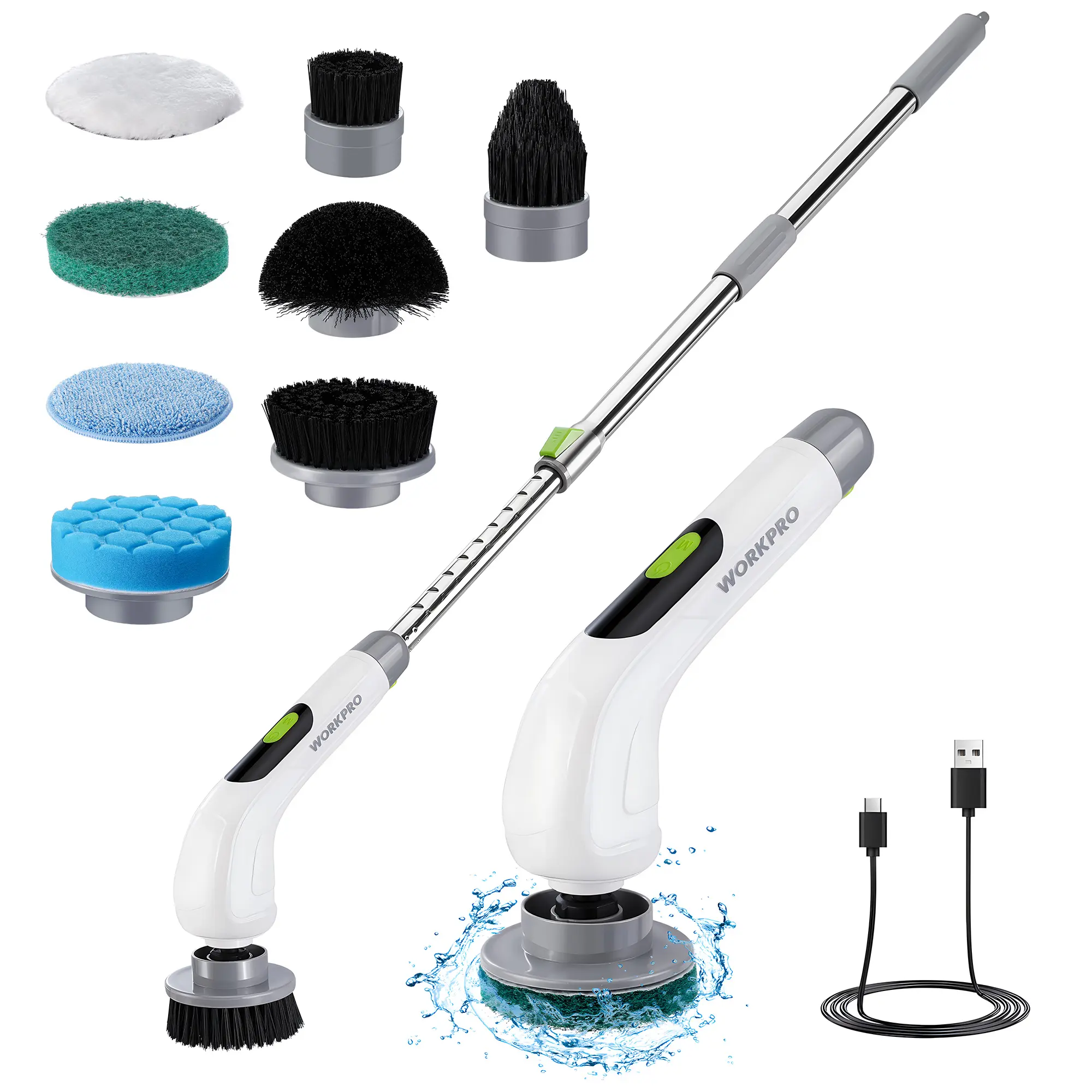 WORKPRO 8V Cordless Spin Scrubber, 8 Replaceable Brush Heads & 3 Speeds | Long Adjustable Handle, IPX6 Waterproof, Electric Scrubber for Cleaning Bathroom, Kitchen Sinks, Windows, Bathtub and Floor