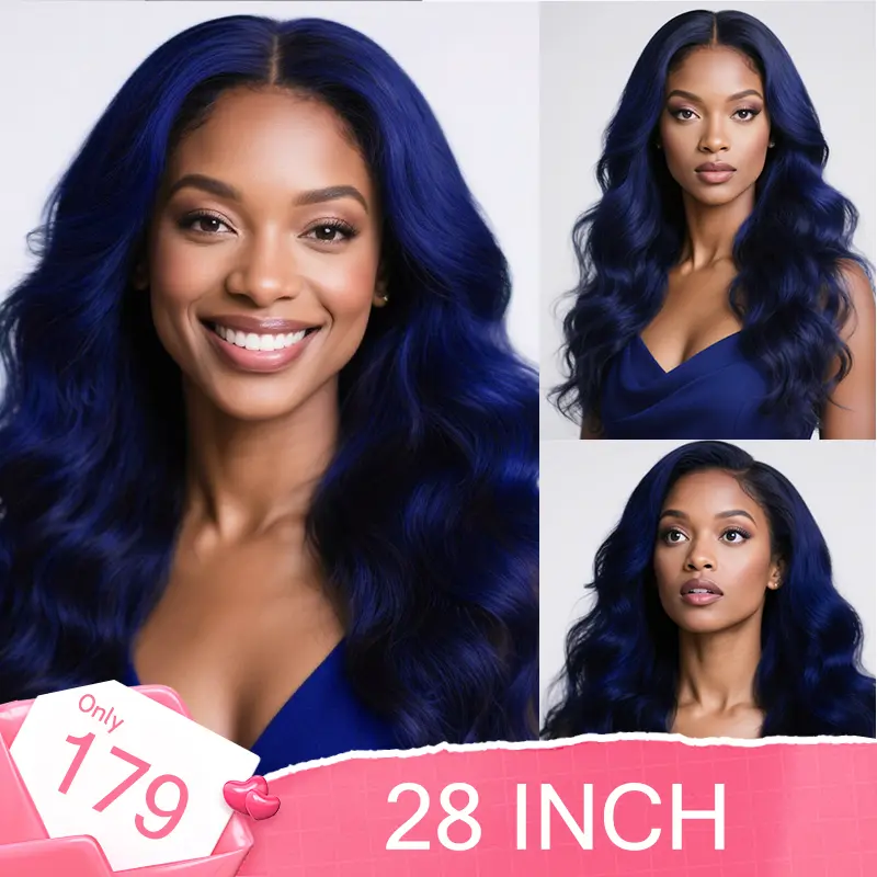 eullair Dark Blue Body Wave Human Hair Lace Front Wig, 13x4 HD Invisible Lace Frontal with a Pre-Plucked Hairline for Women, Luxury Human Hair Lace Front Wigs, Modern Human Hair Lace Front Wigs