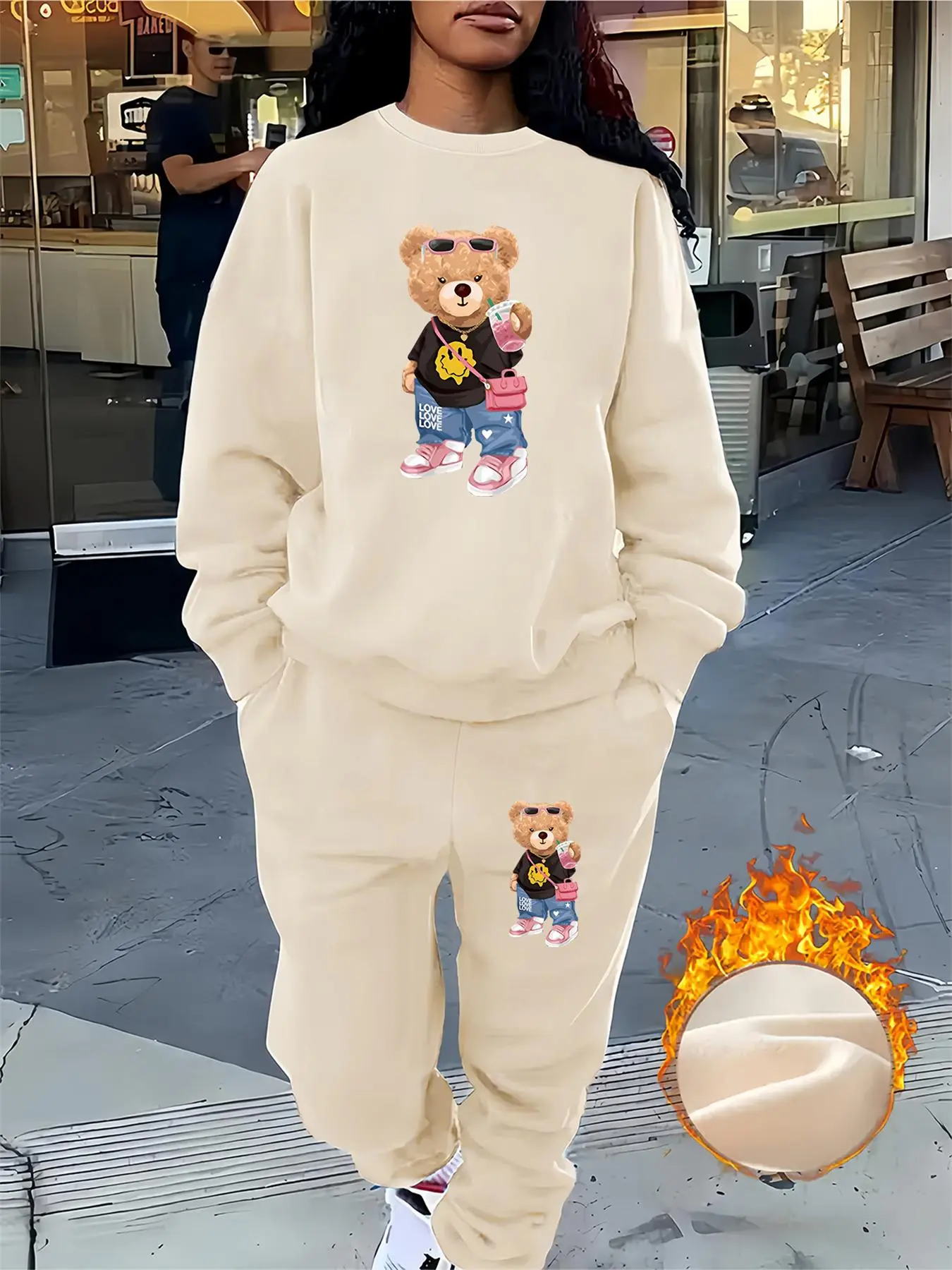 【Plus Size】 Two-Piece Set Cartoon Bear Print Sweatshirt & Pants Set, Casual Round Neck Long Sleeve Pullover & Trousers, Women's Fall & Winter Clothes