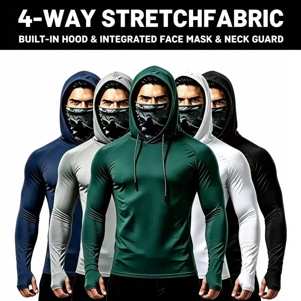Men’s 5-Piece Polyester Compression Hooded Shirts - Athletic Training Apparel, Active Sportswear for Male Outdoors Biking, Breathable Long Sleeve Tops with Built-in Face Mask & Neck Guard, Performance Fabric Men's Hoodies, All Seasons, Anti-Shrink, Casual