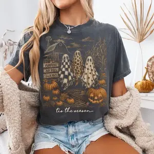 Comfort Colors Tis The Season Ghost Trio Farmhouse Halloween Checkered Leopard Polka Dot Ghosts Fall Shirt T-shirt Soft Garment-Dyed Cotton Made In The USA
